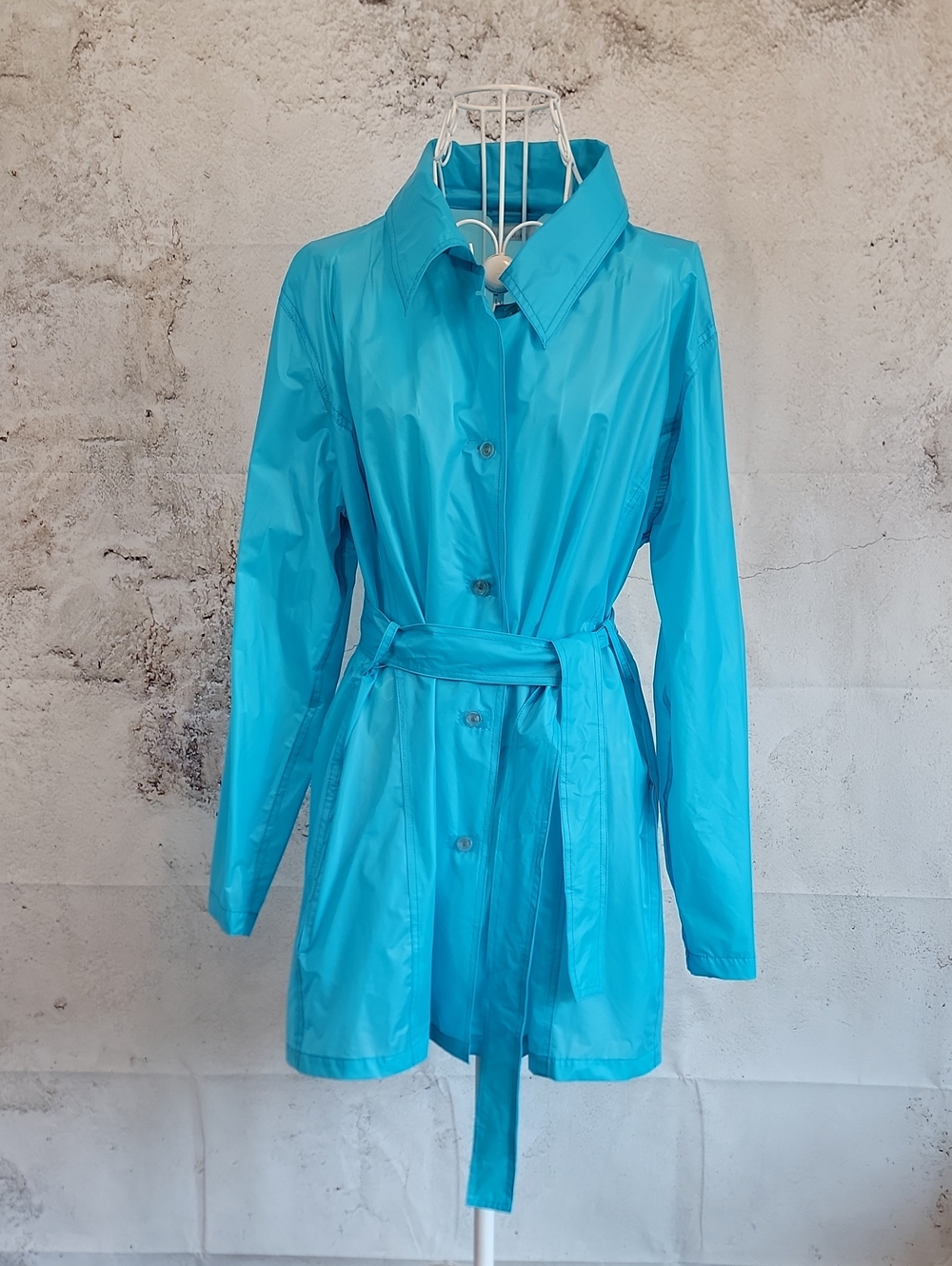 NorthWest Blue Turquoise Rain Coat with Tie Belt Vintage 90s Womens Size M